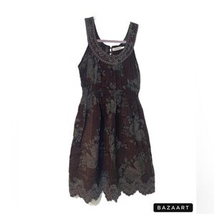 Blue bird scalloped hem embroidered dress in brown/blue/gray. Size S GGG